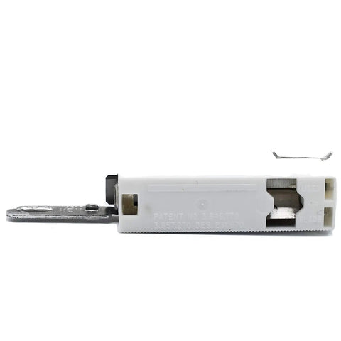 20 Platinum Chrome Injector Razor Blades With Key Dispenser For Modern And Vintage Injectors, Compatible With Gem, Schick And Other Classic Safety Razors Made In USA, side view of white key dispenser with blade