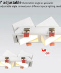Level Up Your Space With This Slick Adjustable LED Recessed Downlight, 21 Watt 2350 Lumen Triple Head Ceiling Fixtures, 3 Way Selectable 3000K To 6000K, Zero Glare Soft Touch Look, No Sweat Retrofit Install For Trendy Rooms showing 60° adjustable illumination angle for versatile lighting.