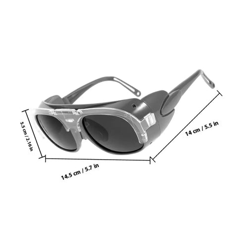 Heavy Duty Welding Glasses With Dust Splash Proof Safety Goggles Featuring Black Gray Lens For Enhanced Visibility Built Tough, side view dimensions.