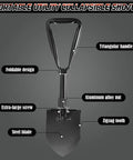 Diagram of a Lightweight 18.5 Inch Folding Shovel for Camping and Hiking with labeled features including triangular handle and steel blade.