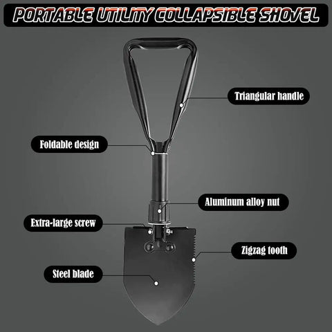 Diagram of a Lightweight 18.5 Inch Folding Shovel for Camping and Hiking with labeled features including triangular handle and steel blade.