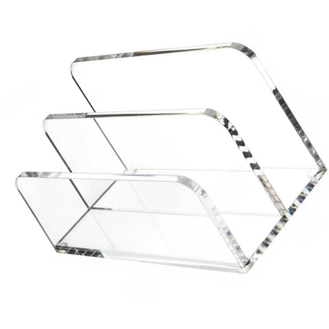 Clear acrylic desk file organizer with mail tray for home office, featuring three slots for bills, folders, decor, and desk setup essentials.