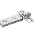 Heavy Duty Stainless Steel Shower Door Pivot Hinges With Smart Dual Hole Design For No Sweat Glass Door Swap and Top Shelf Bathroom Hardware Makeover close-up of shiny silver hinge.