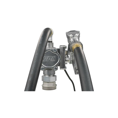 Close-up of Heavy Duty 8 GPM Electric Fuel Transfer Pump With Spin Collar And Manual Shut Off Nozzle For Gasoline And Diesel 12 Volt.
