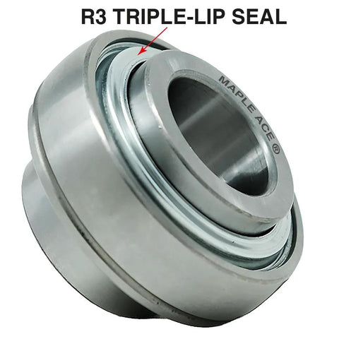 Maple Ace UC209-26 insert bearing with 1-5/8 in bore, spherical OD, R3 triple-lip seal, close-up view