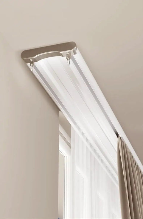 Ultra Quiet Ceiling Mount Curtain Track System 5 To 16 Feet White Aluminum Double Rail For Bedroom Window And Hotel Drop Ceiling Install Smooth Glide With PVC Silent Strips And Pulleys No Curtains Or Hooks Included ceiling-mounted white aluminum double rail over window