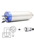 Pro Grade And Built Tough 3.7KW Water Cooled Metal Processing Spindle With ER20 Collet For CNC Routers Smashing Steel And Wood At 12000 RPM Smooth Running Motor Design, showing spindle with inverter wiring.