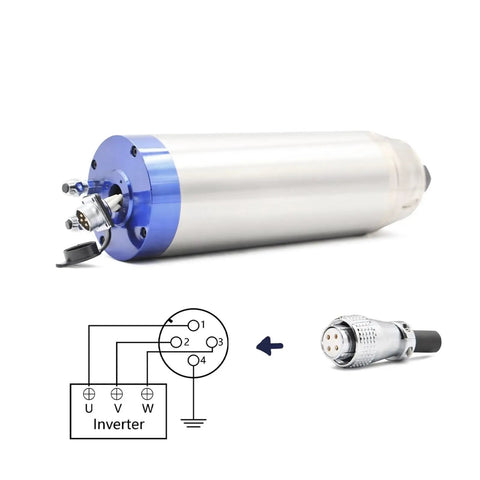 Pro Grade And Built Tough 3.7KW Water Cooled Metal Processing Spindle With ER20 Collet For CNC Routers Smashing Steel And Wood At 12000 RPM Smooth Running Motor Design, showing spindle with inverter wiring.