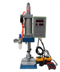 Heavy Duty Desktop Pneumatic Punch Press With Digital Display Adjustable Stroke For Sheet Metal Stamping Built Tough At 660 Lbs Force Knockout Workhorse And Two Button Switch on a sturdy base with digital controls and pneumatic connections.