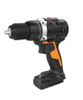 Compact 1/2 Inch 20V Cordless Drill Driver Featuring Brushless Motor And Adjustable Torque Settings side view with black and orange accents