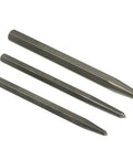 Pro Grade Three Piece Pin Punch Set With Center And Prick Punches for driving out stuck hardware and marking metal surfaces.