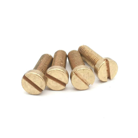 Premium Solid Brass Slotted Cheese Head Machine Screws Din84 Standard with M2 to M6 sizes in a pack of four screws.