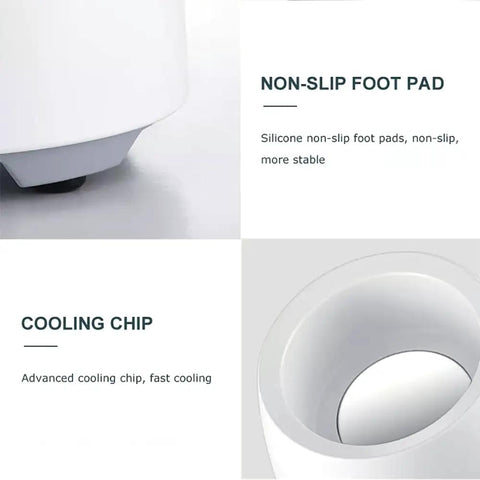 Lightning Quick Electric Cup Cooler Packing Semiconductor Cooling And Smart Touch Interface bottom view showing non-slip foot pad and cooling chip.