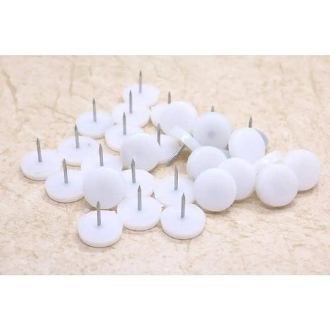 Thirty Piece Nylon Furniture Foot Caps With Sturdy Metal Nail Base Deliver Kickass Smooth Glides For Any Living Space Chair Or Desk Setup Rock Solid Floor Savers Shield Surfaces Daily, white caps with metal nails.