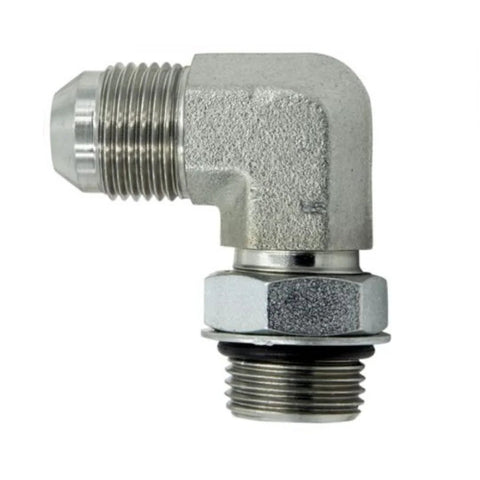 1/4 JIC SAE ORB hydraulic elbow adapter, carbon steel, 90-degree fitting for fluid power systems, five-pack for rugged use, 7500 PSI.