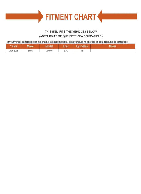 Fitment chart for Replacement Front And Rear Engine Motor Mounts 2 Piece Set For Buick Lucerne 38 Liter V6 2006 To 2008.