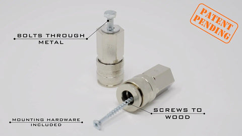 Locking Air Tool Holders Five Pack For One Quarter Inch Pneumatic Tools, shown with metal bolts and wood screws, patent pending