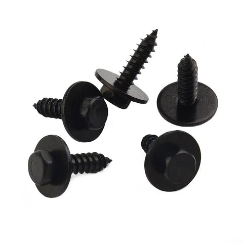 Self Drilling Hex Washer Head Screws 4.8x19mm for roofing and wood framing, black carbon steel, T17 point, 5 screws shown