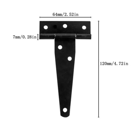 Lightweight Painted Black T Shaped Design Hinge For Fence And Wood Gate, Built For DIYers, Tough And Durable Gate Hardware, dimensions shown