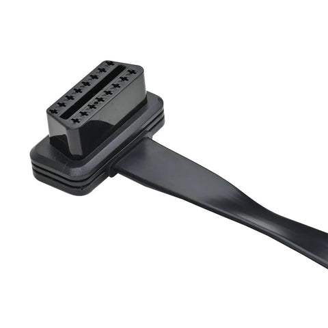 Right Angle OBD II OBD2 16 Pin Splitter Extension Cable 1 Male To 2 Female, showing ultra flat design and connector detail