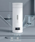 Premium No Sweat 500 Ml Portable Electric Kettle With Smart Temp Control And Crisp LCD Display on modern background with size details.