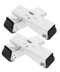 Heavy Duty Bottom Support Rollers For Sagging Barn Doors Knock Out Whining With Whisper Quiet Sliding Casters Dual Mount Upgrade Kit, silver metal rollers with black wheels.
