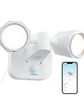 Plug In WiFi Outdoor Flood Light With 240 Degree Wide Angle, PIR Motion Sensor And Built In Siren, 3 Lighting Modes, shown with smartphone