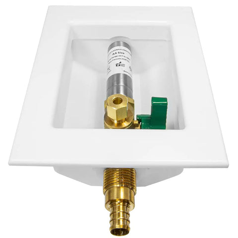 Preassembled Pex Ice Maker Outlet Box With One Half Inch Crimp Inlet And Quarter Turn Ball Valve White Finish With Stainless Steel Hammer Arrestor