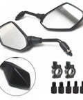 Upgrade Your Ride With These 2 Pack Motorcycle Rearview Mirrors Featuring Wide Angle Crystal Clear White Glass Vision And Explosion Proof Safety For Enhanced Street Visibility And Flexible Adjustable Head Tilt, black hex mirrors with clamps and bolts