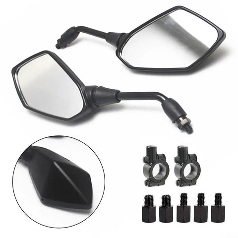 Upgrade Your Ride With These 2 Pack Motorcycle Rearview Mirrors Featuring Wide Angle Crystal Clear White Glass Vision And Explosion Proof Safety For Enhanced Street Visibility And Flexible Adjustable Head Tilt, black hex mirrors with clamps and bolts