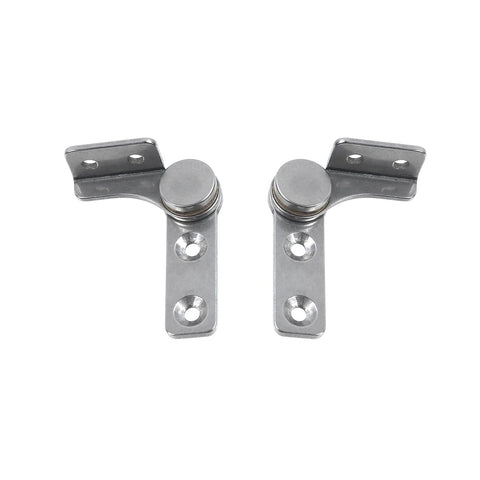 Front view of two stainless steel flip hinge dampers with screws