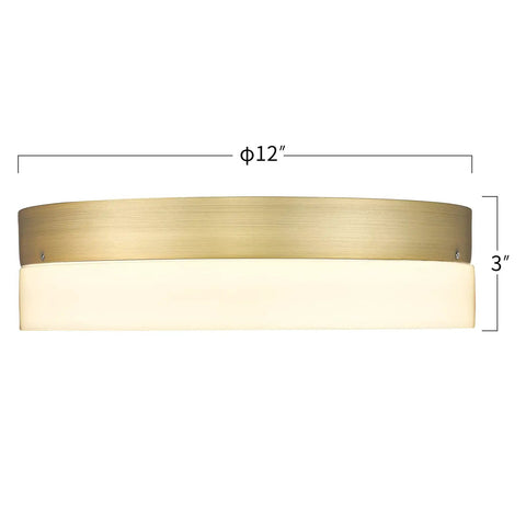 Close To Ceiling LED Flush Mount Light 18W 3000K Warm White With Thick Glass Shade In Brass Finish For Bedroom Living Room Kitchen 12 Inch Fixture Sleek Dope Modern Style, side view with dimensions