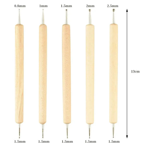 Five stylus tools with wooden handles, ranging from 0.8mm to 2.5mm tips, part of the Color Carbon Transfer Paper Set With 50 Sheets In Red Yellow Blue Green White 9x11 Inch Graphite Paper And 5 Stylus Tools For Easy Tracing On Wood Paper Canvas And More Perfect For Your DIY Craft Projects.
