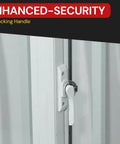 Hella Durable 44X44 Inch Dual Pane Sliding Window With Reinforced Security Bars And Weather Sealed PVC Frame close-up of locking handle.