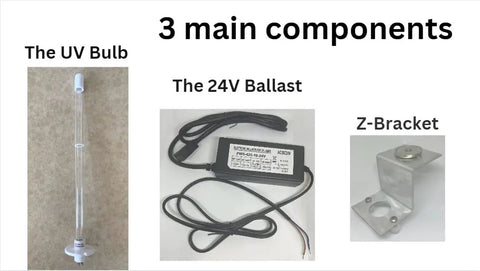 24V UVC Light For HVAC Coils Up To 5 Tons With Ballast And Magnetic Mount Bulb components: UV bulb, 24V ballast, Z-bracket