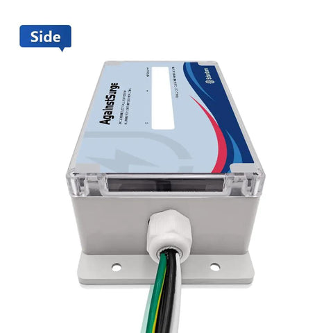 Side view of Heavy Duty Whole House Surge Protector Rated At 140,000 Amps That Safeguards Your TV, Computer, Smart Appliances, HVAC And More, Easy Install Plug And Play Home Surge Guard For Solid Peace Of Mind