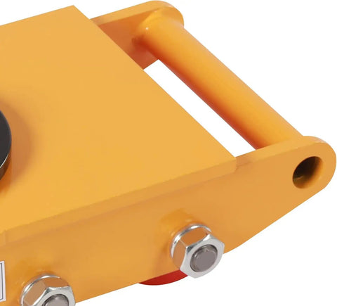 Heavy Duty Machine Skates Roll Like A Dream Carbon Steel Frame With 360 Degree Swivel Polyurethane Wheels close-up view of durable orange base with handle.