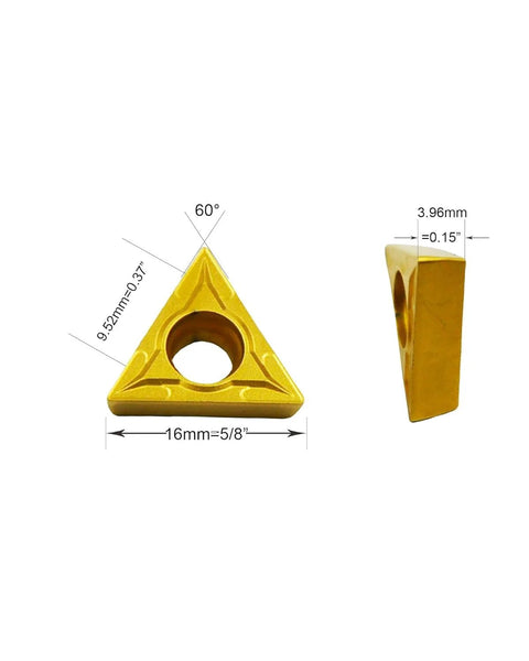 Carbide turning insert, triangular TCMT style, gold color, 16mm wide with 60° corners and center mounting hole