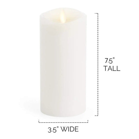 Oversized Flameless Pillar Candle White Unscented Real Wax LED Battery Operated 7.5 Inch Tall with size dimensions.