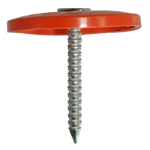 Orange disc-shaped roofing nail with metallic screw component, not One Inch Round Silver Plastic Cap Pack Of 2000 Count End Caps For DIY Projects.