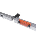 Shop Ready Aluminum Router Table Fence Kit With Wing Extensions Dust Chaser Ports Fast Adjust Stop Block And Lockdown Grip Featherboard close-up view with dust port