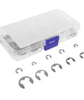 External Retaining Rings Kit With Stainless Steel Snap Rings Easy To Organize In Plastic Box 10 Sizes Ranging 1.5mm To 10mm Perfect For Assembly And Maintenance Tasks. Stainless steel snap rings in plastic organizer, assorted sizes