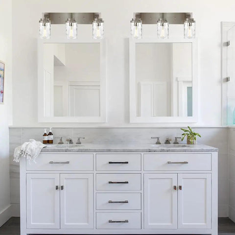 Bathroom with double mirrors, Go To Brushed Nickel Vanity Light 3 Light Modern Bathroom Fixtures Over Mirror With Hammered Glass Shade