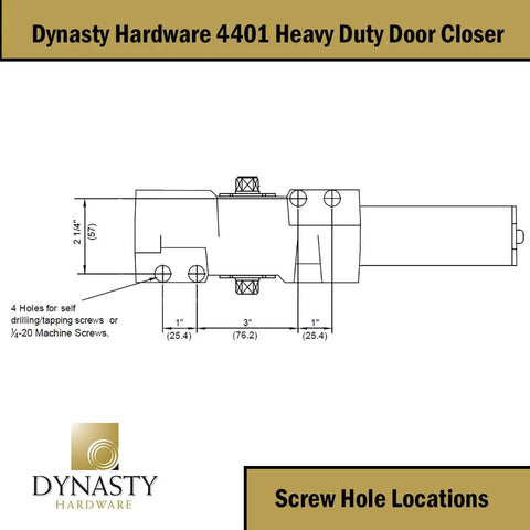Technical diagram of Heavy Duty Commercial Door Closer With Self Closing Action, Grade 1 Hydraulic Closer, Series 4401, screw locations.