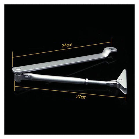 Hydraulic Door Closer With Adjustable Speed For Doors Between 15Kg And 45Kg, shown with 27cm arm and metal finish