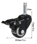 Roll Smooth Heavy Duty Industrial Castor Wheels With Double Locking Brakes 50Mm polyurethane M12 stem caster wheel side view with dimensions.