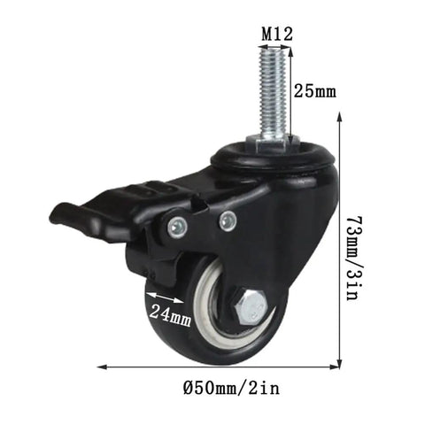 Roll Smooth Heavy Duty Industrial Castor Wheels With Double Locking Brakes 50Mm polyurethane M12 stem caster wheel side view with dimensions.
