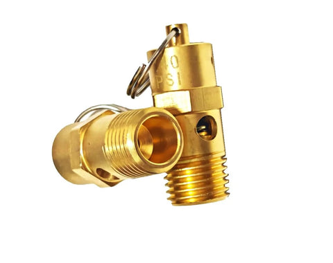 Brass 1/4-in NPT air pressure relief valve, 30 PSI, 2-pack, angled side view