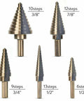 Pro Multi Size Step Drill Kit 5 Piece Hss With Cool Spiral Flute Design For Clean Holes And Less Heat Buildup To Get Your Metal Or Plastic Drilling Projects Done Fast And Super Tough. 5 HSS step drills, 6-13 steps, on white background