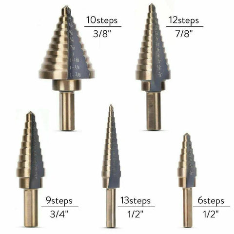 Pro Multi Size Step Drill Kit 5 Piece Hss With Cool Spiral Flute Design For Clean Holes And Less Heat Buildup To Get Your Metal Or Plastic Drilling Projects Done Fast And Super Tough. 5 HSS step drills, 6-13 steps, on white background